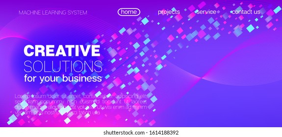 Flying Particles Distressed Purple Vector. 3D Fluid Shapes Layout. Pink Blue Purple Futuristic Gradient Overlay. Big Data Neon Background. Data Stream Minimal Banner. Grunge Geometric Background.