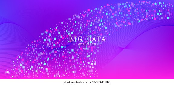Flying Particles Distressed Purple Vector. Big Data Neon Wallpaper. 3D Fluid Shapes Layout. Pink Blue Purple Futuristic Gradient Overlay. Colorful Geometric Background. Data Analytics Cool Banner.