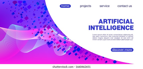 Partículas voladoras Vector Púrpura Doloroso. Banner Mínimo de Flujo de Datos. Los datos masivos son de fondo. Fondo Geométrico Grunge. Diseño de formas líquidas 3D. Superposición de degradado futurista rosa azul morado.