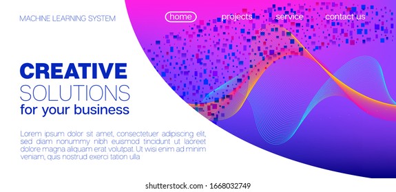 Flying Particles Distressed Purple Vector. Data Stream Minimal Banner. Pink Blue Purple Futuristic Gradient Overlay. Funky Geometric Background. 3D Fluid Shapes Website. Big Data Neon Background.