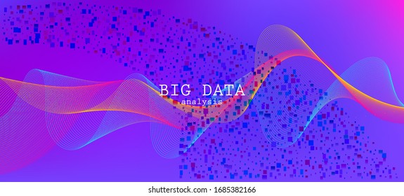 Fliegende Partikel störten die violette Vektorillustration. Rosa blauer violetter Farbverlauf-Overlay. 3D Fluid Shapes Website. Data Stream Minimal Banner. Big Data Neon Hintergrund. Geometrischer Hintergrund des Cybers.