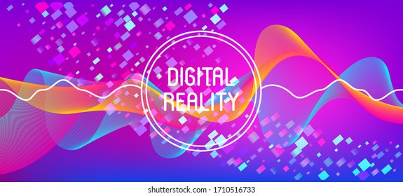 Flying Particles Distressed Purple Vector. Data Analytics Cool Banner. Funky Geometric Background. 3D Liquid Shapes Layout. Pink Blue Purple Futuristic Gradient Overlay. Big Data Neon Background.
