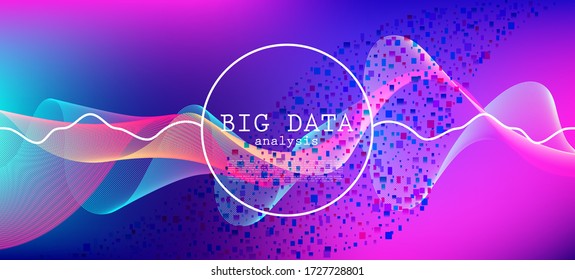 Flying Particles Distressed Purple Vector. Big Data Neon Wallpaper. 3D Flow Shapes Layout. Colorful Geometric Background. Pink Blue Purple Futuristic Gradient Overlay. Data Stream Minimal Banner.