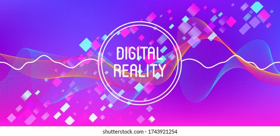 Flying Particles Distressed Purple Vector. Colorful Geometric Background. 3D Fluid Shapes Poster. Big Data Neon Background. Data Stream Minimal Banner. Pink Blue Purple Futuristic Gradient Overlay.