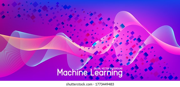 Vector Púrpura Doloroso de Partículas Voladoras. Banner mínimo de flujo de datos. Fondo Geométrico Funky. Papel de escritorio de Big Data Neon. Sobreposición de degradado futurista rosa azul morado azul morado. Afiche de formas de flujo 3D.