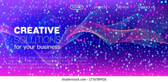 Flying Particles Distressed Purple Vector. Data Analytics Cool Banner. Pink Blue Purple Futuristic Gradient Overlay. Funky Geometric Background. Big Data Neon Wallpaper. 3D Flow Shapes Poster.