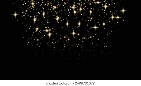 Flying particles of light. Golden dust particles decorative background. Abstract glowing glitters background. Christmas special light bokeh confetti effect. Stardust shine vector sparkle texture.