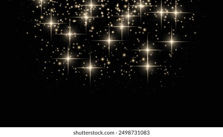 Flying particles of light. Golden dust particles decorative background. Abstract glowing glitters background. Christmas special light bokeh confetti effect. Stardust shine vector sparkle texture.