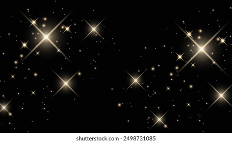 Flying particles of light. Golden dust particles decorative background. Abstract glowing glitters background. Christmas special light bokeh confetti effect. Stardust shine vector sparkle texture.
