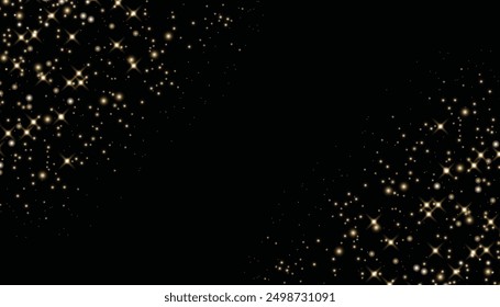 Flying particles of light. Golden dust particles decorative background. Abstract glowing glitters background. Christmas special light bokeh confetti effect. Stardust shine vector sparkle texture.