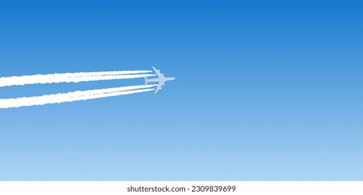 Flying passenger aircraft on the blue sky. Plane journey, travel or tours, airport advertising, trip abroad on vacation. Airplane on sky. vector illustration. 