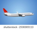 Flying passenger jet plane with two engines on blue background, side view