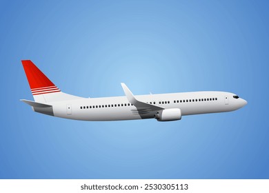 Flying passenger jet plane with two engines on blue background, side view