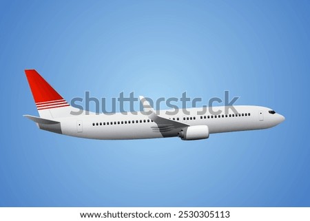 Flying passenger jet plane with two engines on blue background, side view