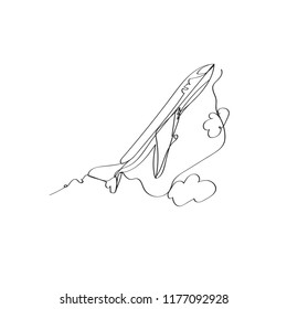flying passenger plane in continuous line drawing style, thin linear vector illustration