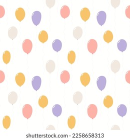 Flying pastel air balloons with strings seamless pattern on white background. Hand drawn vector illustration. Scandinavian style flat design. Concept kids textile, fashion print, wallpaper, package.