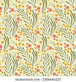 flying pattern with twigs and leaves with flowers. flat botanical pattern. yellow and red flowers.
