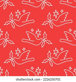 Flying peace dove birds holding holly plant seamless Christmas and New Year seamless pattern in Scandinavian style on red background. Noel winter festive elements. Vector clipart for holiday party