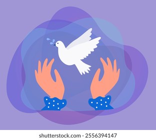 Flying peace dove in human hands flat vector illustration. White pigeon or bird with olive branch as symbol of freedom, hope or love. Purity, harmony, innocence concept