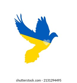 Flying peace dove painted in the Ukraine flag and white heart. Support for Ukraine. Stop war in Ukraine. Care, love and charity symbol, hand drawn vector illustration. Pray for Ukraine. Say NO to war.