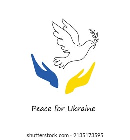 Flying peace dove painted. Ukraine flag and hands. Support Ukraine. Care, love and charity symbol, hand drawn vector illustration.