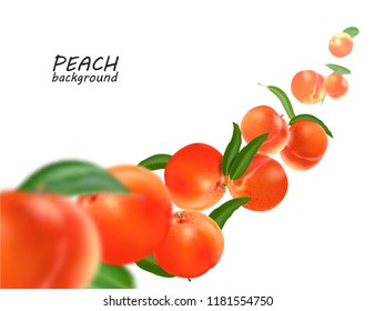 Flying peach. Realistic 3D Vector peaches background.