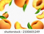 Flying peaches on white background. Vector 3d realistic illustration with blur effect