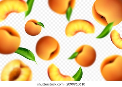 Flying peaches on white background. Vector 3d realistic illustration with blur effect