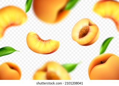 Flying peaches on white background. Vector 3d realistic illustration with blur effect