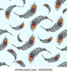 Flying peacock feather. Boho Pattern.