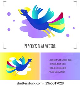 Flying peacock vector illustration. Bird isolated on white background. Bright colors and gradients. Can be used a logo of arts school, kindergarten, studios for kids, cards o print design.