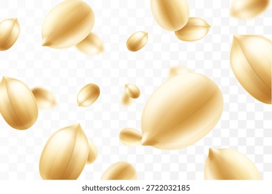 Flying peanuts, isolated on transparent background, selective focus. Flying peanut with blurry effect. Can be used for advertising, packaging, banner, poster. Realistic 3d vector illustration