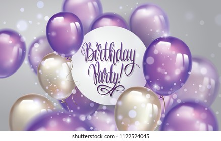 Flying pearl and ultra violet balloons, with free space on paper banner and blurred lighting glitters. Birthday Party lettering with ballons. 