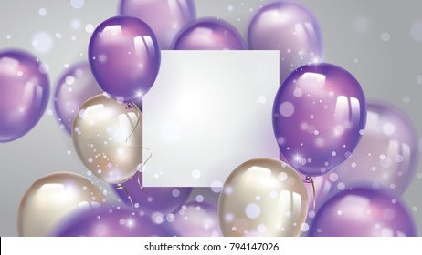 Flying Pearl And Ultra Violet Balloons, With Free Space On Paper Banner And Blurred Lighting Glitters. Birthday Background With Ballons. Purple
Ballons And Confetti.