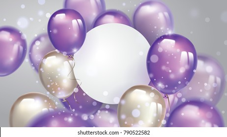 Flying Pearl And Ultraviolet Balloons, With Free Space On The Paper Banner And Blurred Lighting Glitters. Birthday Background With Purple Balloons. 