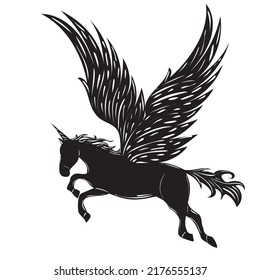 flying pegasus black silhouette, isolated, vector