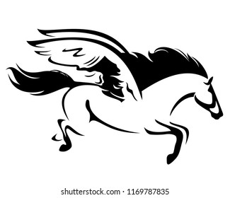 flying pegasus black vector outline - winged horse side view design