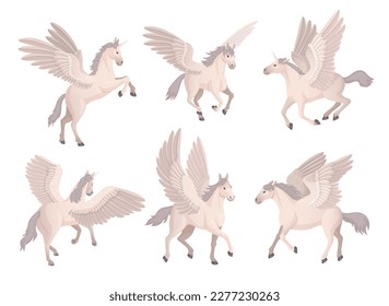Pegasus volador. Caballo mítico de dibujos animados con alas, caballos mágicos corriendo posa animación, cuento de hadas animal unicornio en nubes, ingeniosa ilustración vectorial del diseño de mamíferos de la mitología pegasus