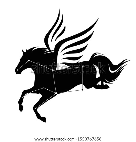 flying pegasus horse and star constellation - greek mythology inspiration symbol and astronomy silhouette black and white vector design