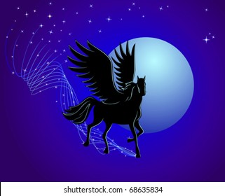 Flying Pegasus On A Background Of The Moon And Stars