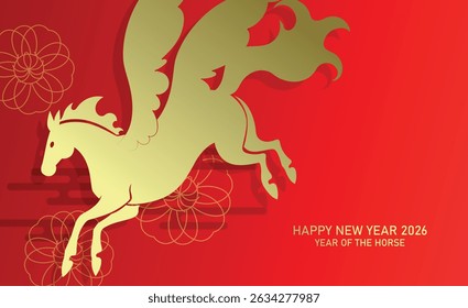 Flying Pegasus year of the horse card. Golden zodiac horse on a red background with decorative clouds. Lunar new year 2026 banner vector.
