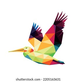 Flying Pelican Bird In Colorful Polygon Low Poly. Flying Pelican Silhouettes Colorful Vector. Pelican Logo Flying