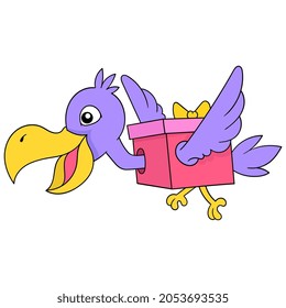 flying pelican carrying a birthday gift box, vector illustration art. doodle icon image kawaii.