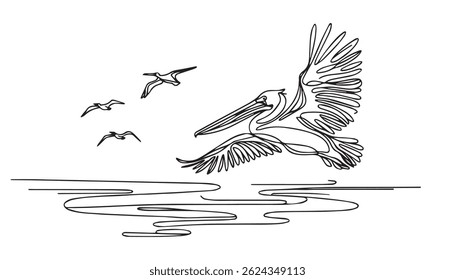 Flying Pelican Continuous Line Drawing with Editable Stroke