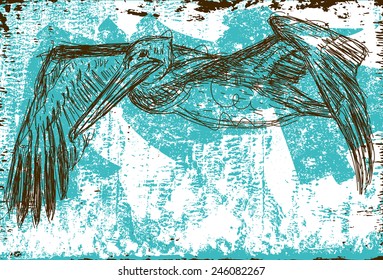 Flying Pelican Sketchy Brown Pelican flying over an abstract background. The bird and background are on separately labeled layers.