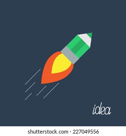 Flying pencil with rocket fire Business Idea concept. Flat design. Vector illustration