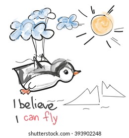 flying penguin. hand drawn motivation card