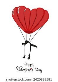 Flying penguin with heart shaped parachute. Valentines Day greeting card vector illustration