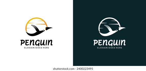 Flying penguin logo design template with sky background