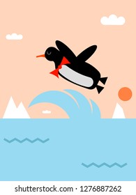 Flying penguin over the water